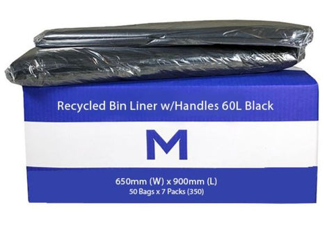 FP Recycled Bin Liner w/Handles 60L - Black, 650mm x 900mm x 30mu (Box Of 350)