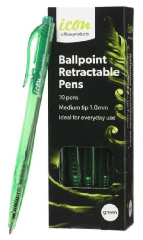 Icon Ball Point Pen - Green, Medium 1.0mm Tip (Pack of 10)