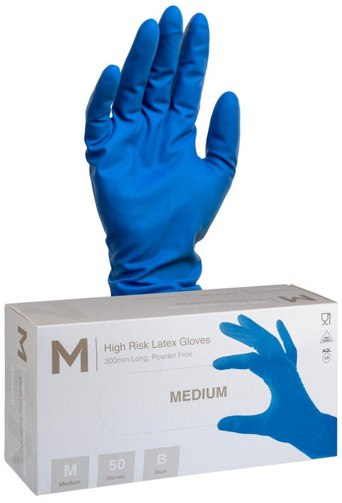 High Risk Latex Examination Gloves Powder Free - Cobalt Blue, M, 300mm Cuff, 18.5g (Box Of 50)