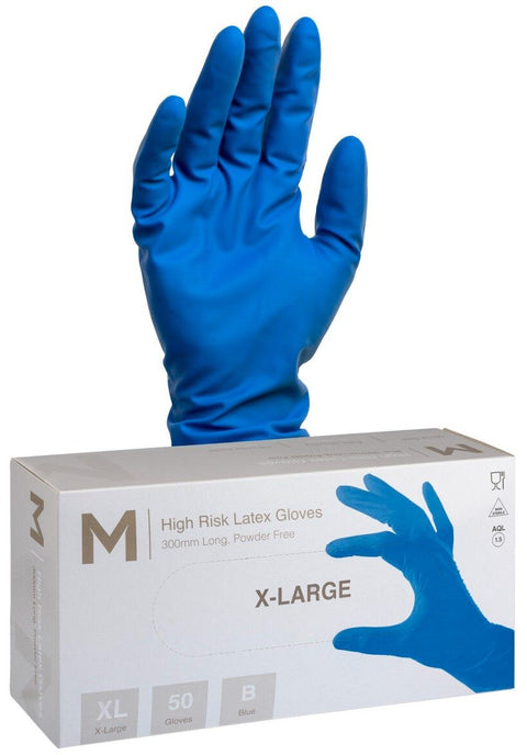 High Risk Latex Examination Gloves Powder Free - Cobalt Blue, XL, 300mm Cuff, 18.5g (Box Of 50)