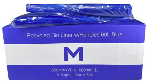 FP Recycled Bin Liner w/Handles 60L - Blue, 600mm x 1000mm x 30mu (Box Of 500)