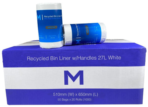 POR Recycled Bin Liner w/Handles 27L - White, 510mm x 650mm x 15mu (Box Of 1000)