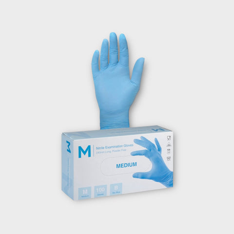 Nitrile Examination Gloves Powder Free - Blue, M, 240mm Cuff, 3.0g (Box of 1000)