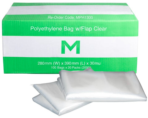 FP Polyethylene Bag w/Flap(Newspaper Bags)Clear, 280mm x 390mm x 30mu (Box Of 2000)