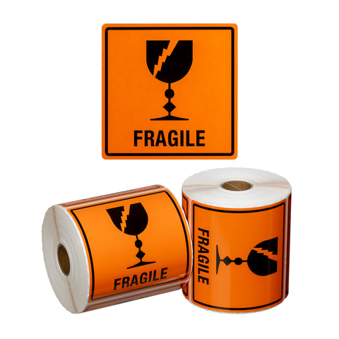 Handling Label Fragile - Orange/Black, 99mm x 99mm (Roll Of 500)