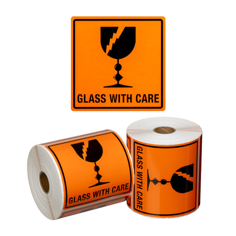 Handling Label Glass With Care - Orange/Black, 99mm x 99mm (Roll Of 500)