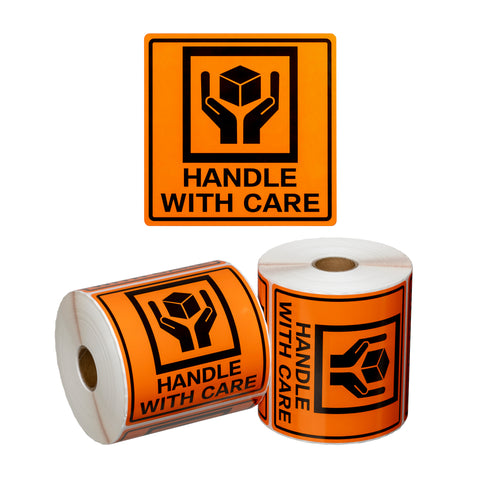 Handling Label Handle With Care - Orange/Black, 99mm x 99mm (Roll Of 500)