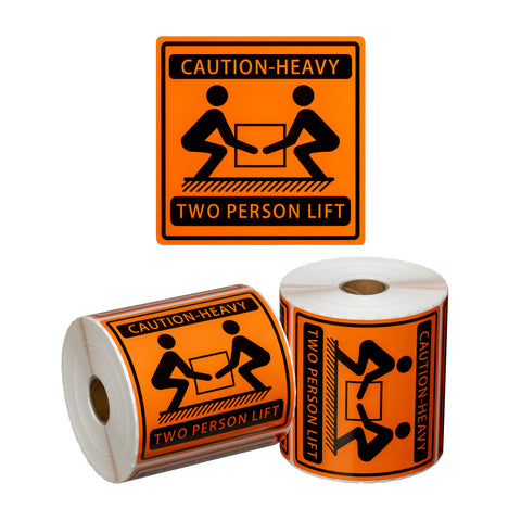 Handling Label Two Person Lift - Orange/Black, 99mm x 99mm (Roll Of 500)