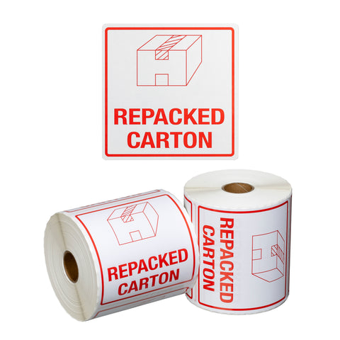 Handling Label Repacked Carton - White/Red, 99mm x 99mm (Roll Of 500)