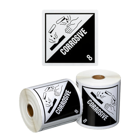 Dangerous Goods Label Corrosive 8 - White/Black, 99mm x 99mm (Roll Of 500)