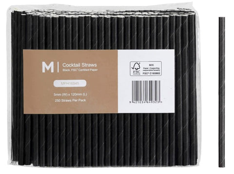 Paper Cocktail Straight Straws - Black, 5mm x 120mm, 300gsm, FSC Mix® (Box Of 2500)