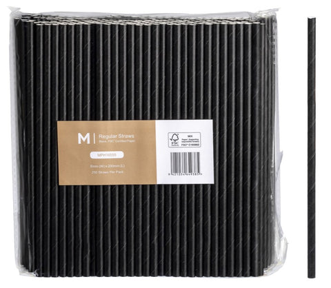 Paper Regular Straight Straws - Black, 6mm x 200mm, 300gsm, FSC Mix® (Box Of 2500)