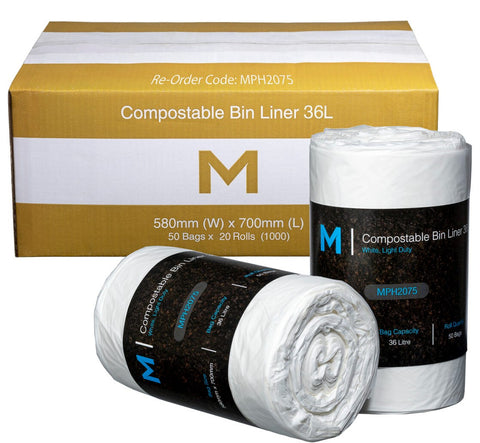 POR Compostable Bin Liner 36L - White, 580mm x 700mm x 15mu (Box Of 1000)