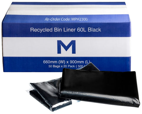 FP Recycled Bin Liner 60L - Black, 660mm x 900mm x 20mu (Box Of 500)