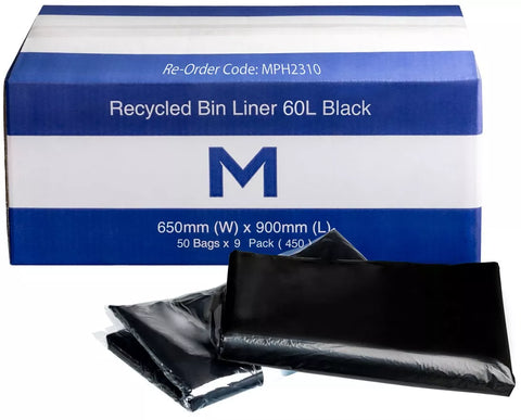 FP Recycled Bin Liner 60L - Black, 650mm x 900mm x 30mu (Box Of 450)