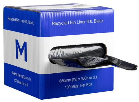 DB Recycled Bin Liner 60L - Black, 650mm x 900mm x 30mu (Box Of 100) *Dispenser Box