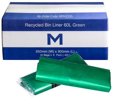 FP Recycled Bin Liner 60L - Green, 650mm x 900mm x 30mu (Box Of 450)