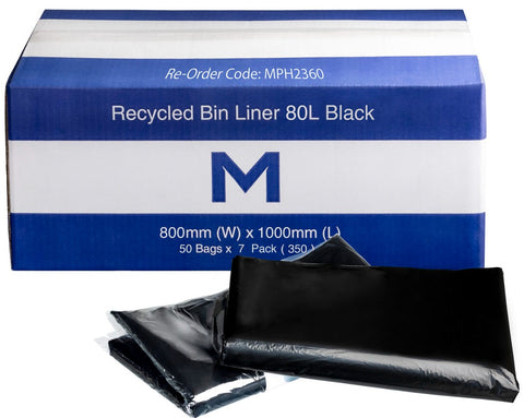 FP Recycled Bin Liner 80L - Black, 800mm x 1000mm x 30mu (Box Of 350)