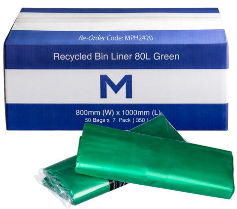 FP Recycled Bin Liner 80L - Green, 800mm x 1000mm x 30mu (Box Of 350)