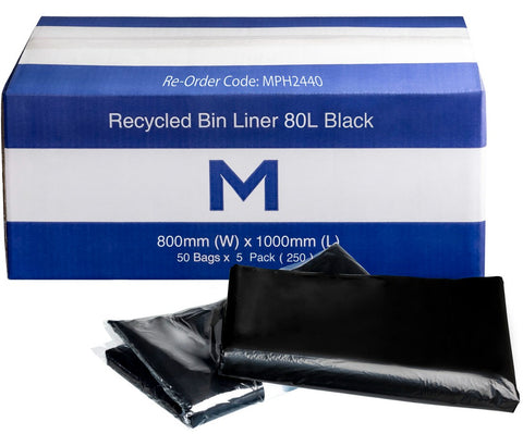 FP Recycled Bin Liner 80L - Black, 800mm x 1000mm x 40mu (Box Of 250)