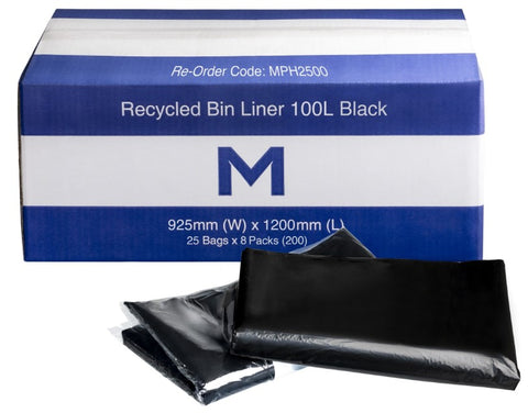 FP Recycled Bin Liner 100L - Black, 925mm x 1200mm x 30mu (Box Of 200)