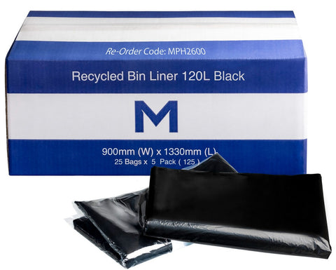 FP Recycled Bin Liner 120L - Black, 900mm x 1330mm x 50mu (Box Of 125)