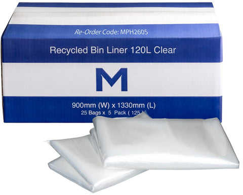 FP Recycled Bin Liner 120L - Clear, 900mm x 1330mm x 50mu (Box Of 125)