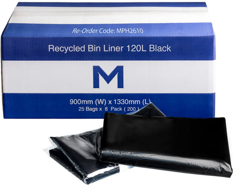 FP Recycled Bin Liner 120L - Black, 900mm x 1330mm x 30mu (Box Of 200)