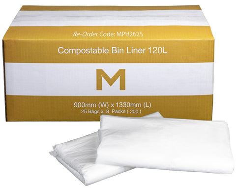 FP Compostable Bin Liner 120L - White, 900mm x 1330mm x 30mu (Box Of 200)