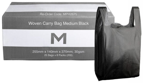 Woven Carry Bag Medium - Black, 255mm x 140mm x 370mm, 30gsm (Box Of 200)