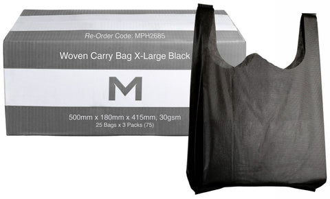 Woven Carry Bag X-Large - Black, 500mm x 180mm x 415mm, 30gsm (Box Of 75)