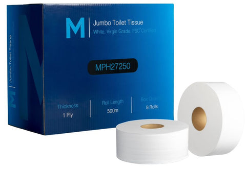 Virgin Jumbo Toilet Tissue Boxed - White, 1 Ply, 500m, FSC Mix® (Box Of 8)