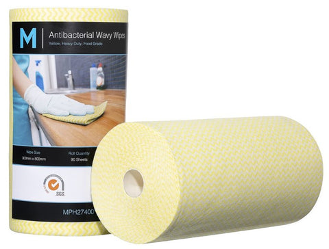 Antibacterial Wavy Wipes - Yellow, 300mm x 500mm, 90 Sheets, 80gsm (Box Of 4) *Heavy Duty