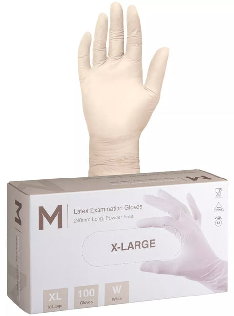 Latex Examination Gloves Powder Free - White, XL, 240mm Cuff, 6.0g (Box Of 1000)