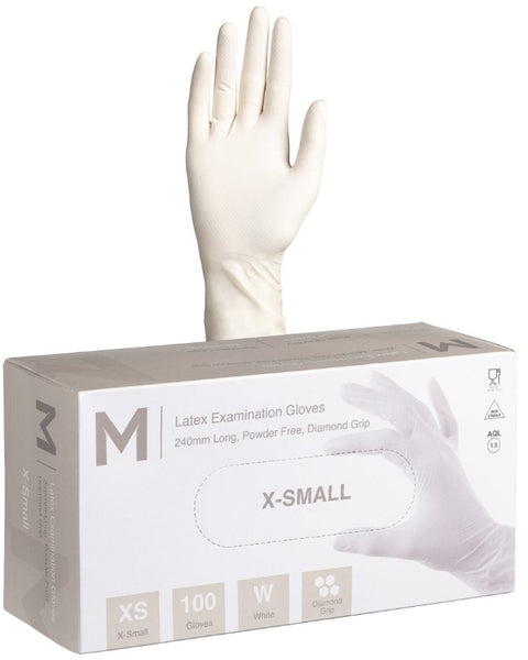 Latex Diamond Grip Examination Gloves Powder Free - White, XS, 240mm Cuff, 8.0g (Box Of 1,000)