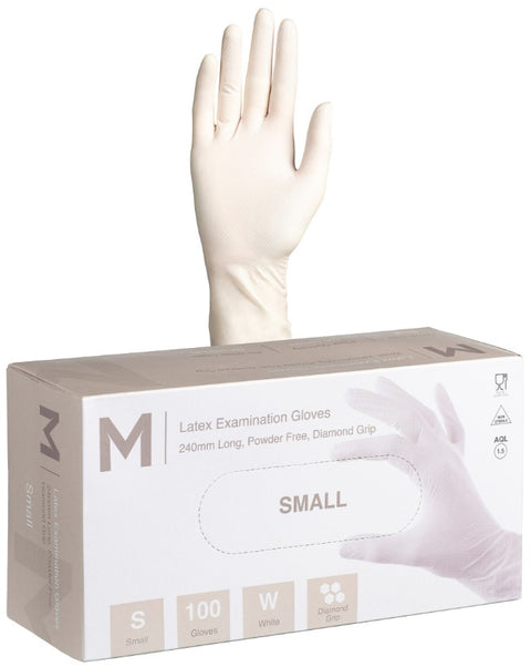 Latex Diamond Grip Examination Gloves Powder Free - White, S, 240mm Cuff, 8.0g (Box Of 1,000)