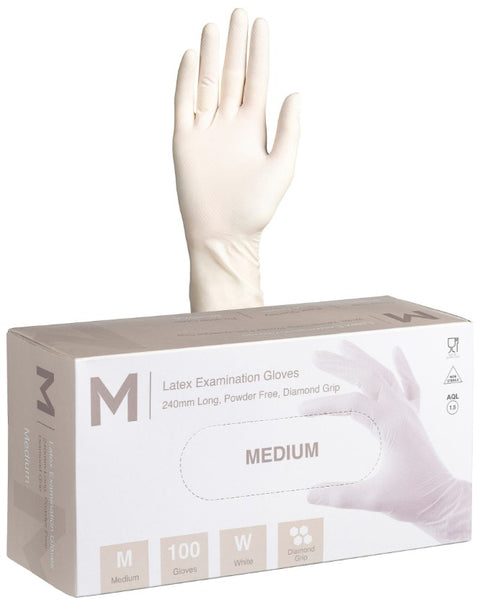 Latex Diamond Grip Examination Gloves Powder Free - White, M, 240mm Cuff, 8.0g (Box Of 1,000)