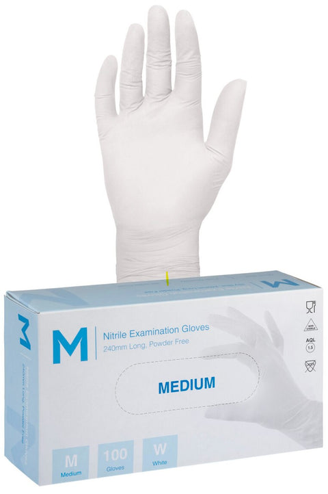 Nitrile Examination Gloves Powder Free - White, M, 240mm Cuff, 5.0g (Box Of 1000)