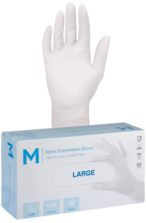 Nitrile Examination Gloves Powder Free - White, L, 240mm Cuff, 5.0g (Box Of 1000)