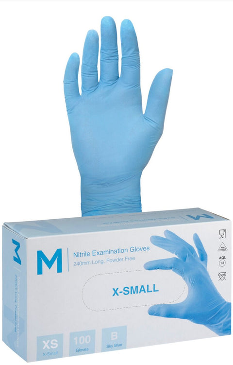 Nitrile Examination Gloves Powder Free - Blue, XS, 240mm Cuff, 5.0g (Box Of 1,000)