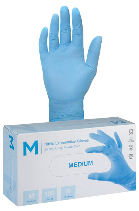 Nitrile Examination Gloves Powder Free - Blue, M, 240mm Cuff, 5.0g (Box Of 1,000)