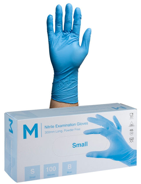 Nitrile Long Cuff Examination Gloves Powder Free - Blue, S, 300mm Cuff, 6.0g (Box Of 1000)