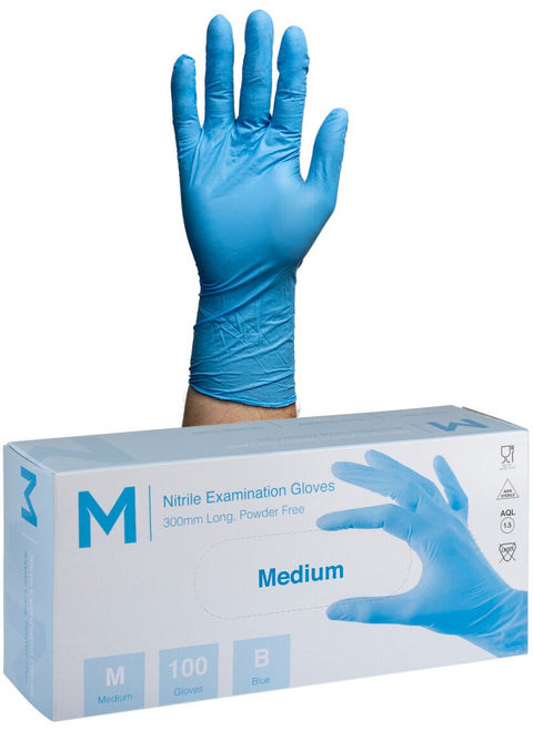 Nitrile Long Cuff Examination Gloves Powder Free - Blue, M, 300mm Cuff, 6.0g (Box Of 1000)