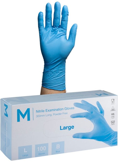 Nitrile Long Cuff Examination Gloves Powder Free - Blue, L, 300mm Cuff, 6.0g (Box Of 1000)