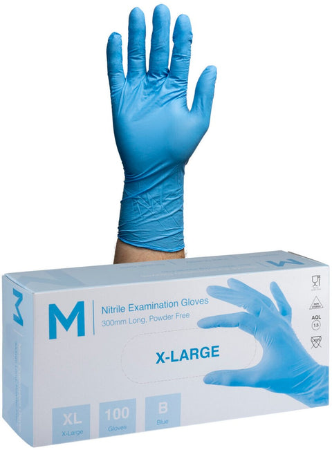 Nitrile Long Cuff Examination Gloves Powder Free - Blue, XL, 300mm Cuff, 6.0g (Box Of 1000)