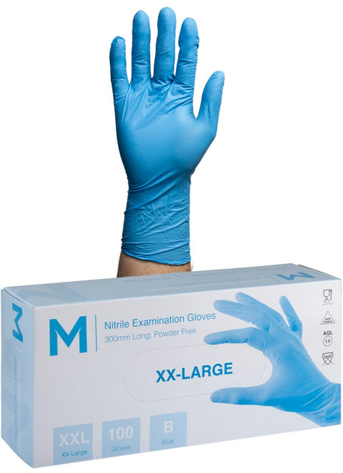 Nitrile Long Cuff Examination Gloves Powder Free - Blue, 2XL, 300mm Cuff, 6.0g (Box Of 900)