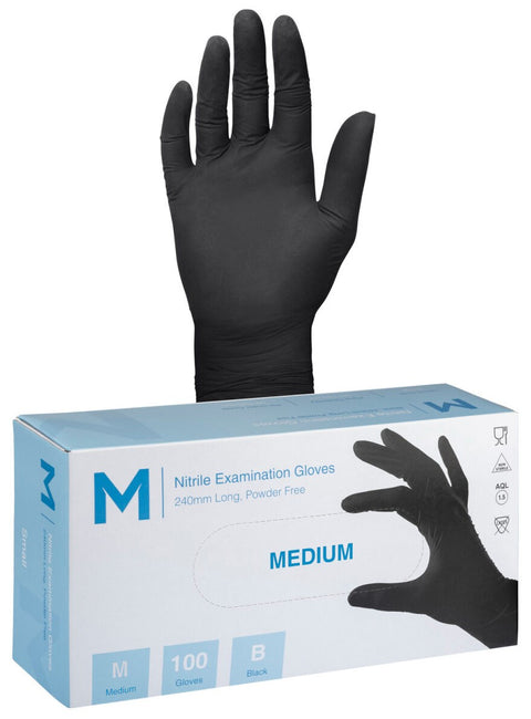 Nitrile Examination Gloves Powder Free - Black, M, 240mm Cuff, 7.0g (Box Of 1000)