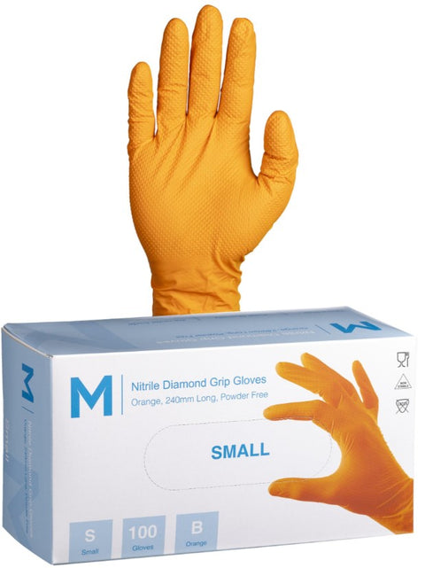 Nitrile Diamond Grip Gloves Powder Free - Orange, S, 240mm Cuff, 9.0g (Box Of 1000)