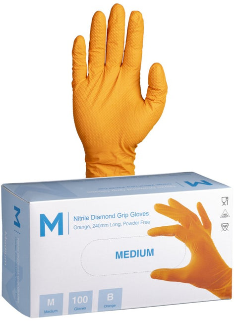 Nitrile Diamond Grip Gloves Powder Free - Orange, M, 240mm Cuff, 9.0g (Box Of 1000)