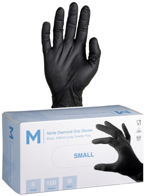 Nitrile Diamond Grip Gloves Powder Free - Black, S, 240mm Cuff, 9.0g (Box Of 1000)